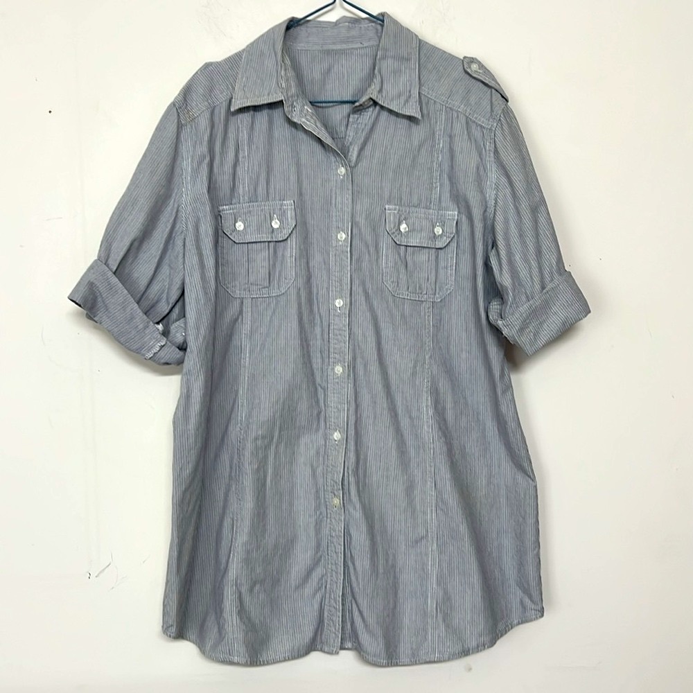 🌞 vintage blue & white pinstripes roll tab sleeves button up top coverup L